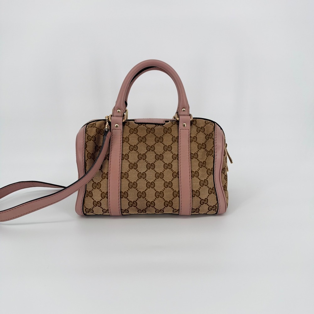 Gucci Joy Boston Bag Small Dusty Pink GG Monogram Canvas Satchel Luxury Coquette